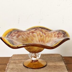 Murano Style Amber Art Glass Compote Bowl Mid Century Hand Blown Pedestal Decor